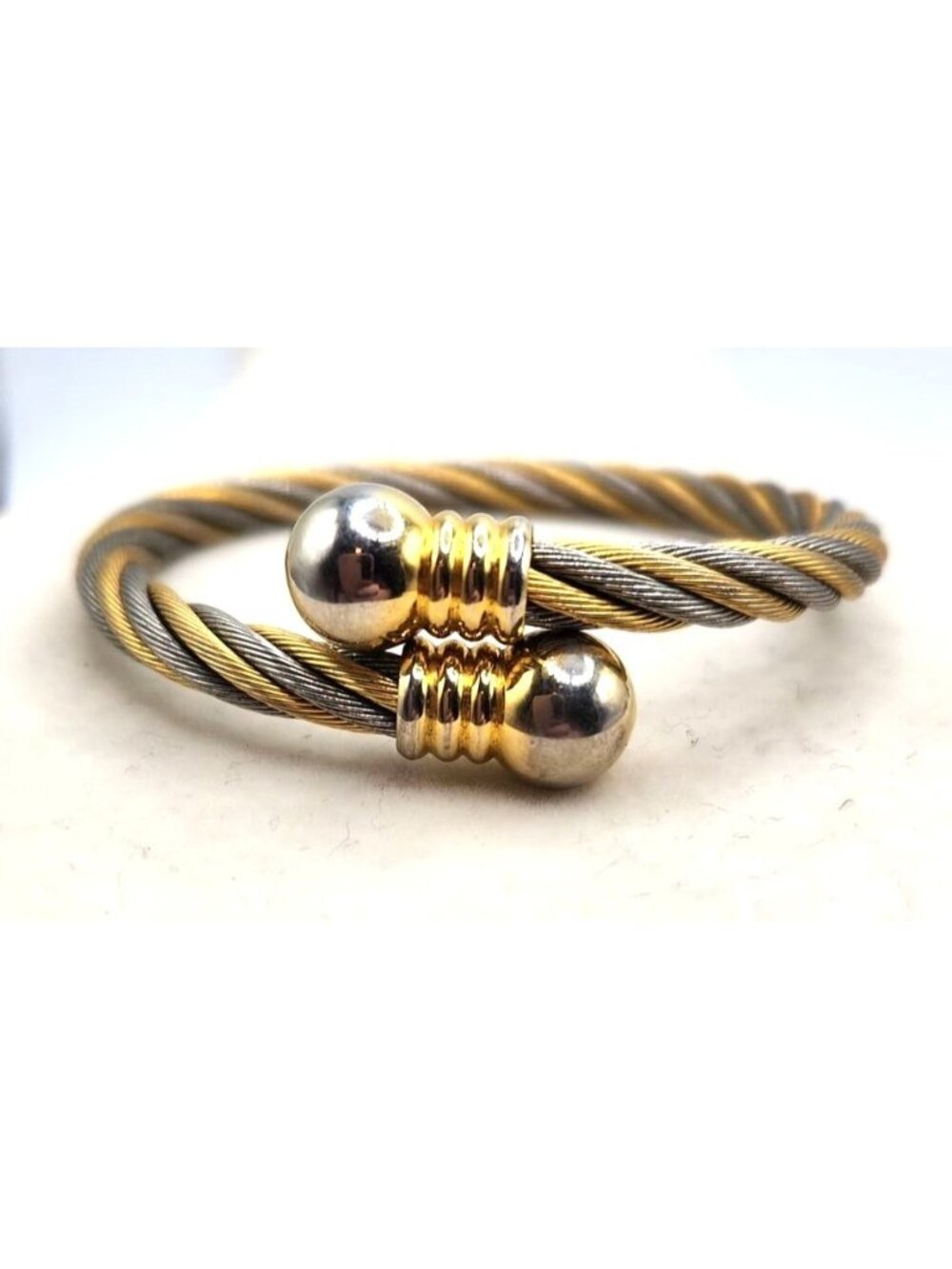 Two-Tone Cable Wire Bangle Bracelet With Gold & Silver Accents